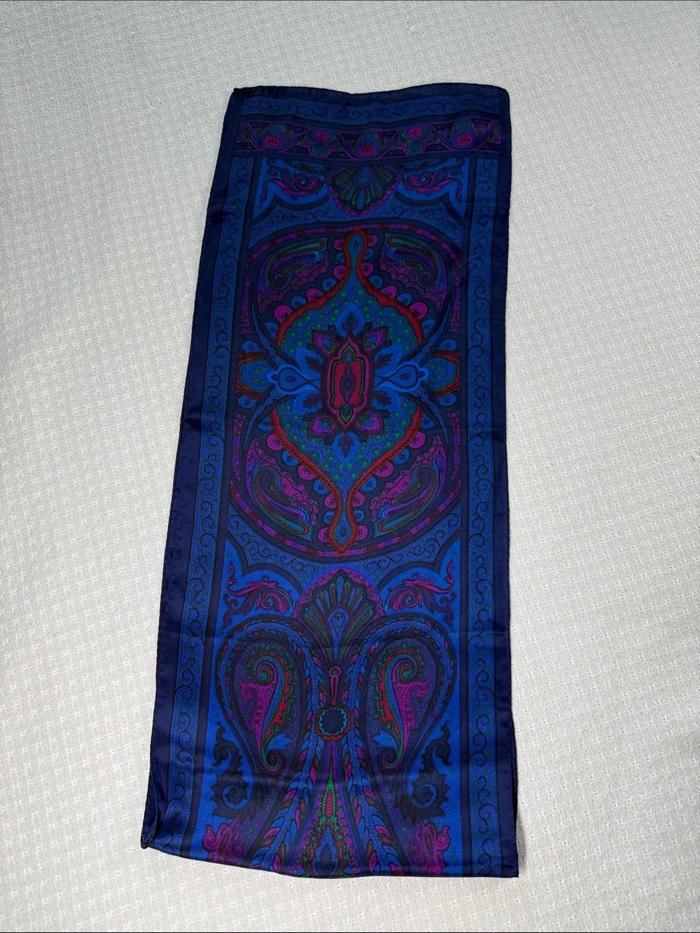 Paisley, print silk scarf, navy blue, royal blue, pink and red
